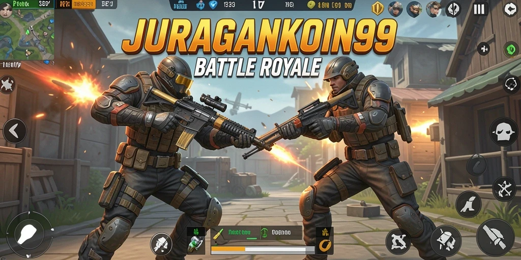 Tampilan gameplay JURAGANKOIN99 yang penuh aksi di medan perang Battle Royale.