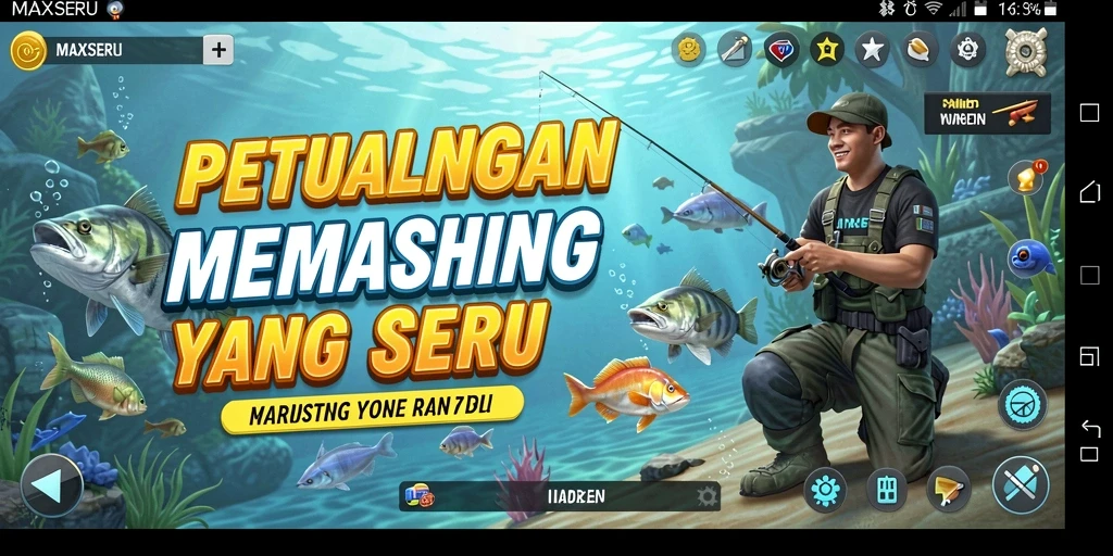 Tampilan gameplay MAXSERU yang seru dan menegangkan saat memancing.