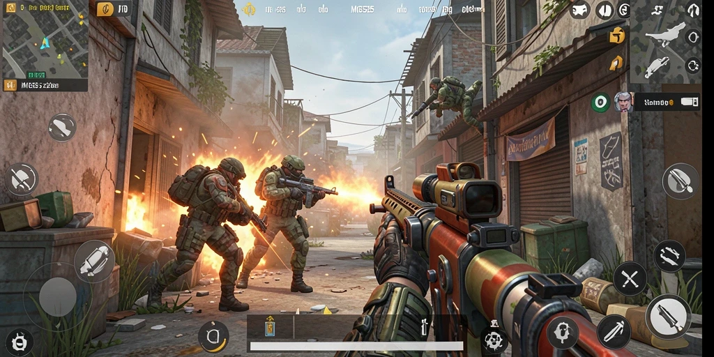 Screenshot utama MG525 yang menggambarkan aksi menembak seru di medan perang.
