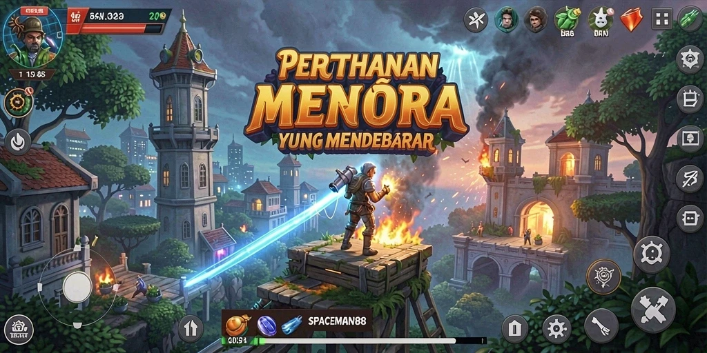 Screenshot SPACEMAN88 menampilkan aksi seru dalam pertahanan menara.